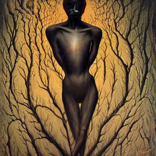 Image similar to black dramatic portrait painting of human with black mandelbrot fractal instead of face, in style of zdzisław beksinski, darkness, horror, body horror, scary,