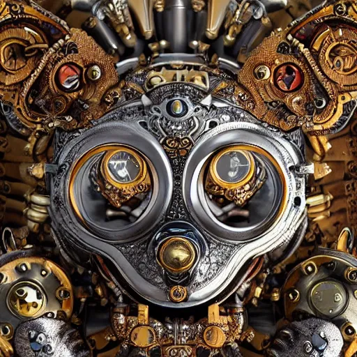 Image similar to A steampunk fox head with sparkling eyes made from ornate engraved full plate armor and Rolex gears and jewels and gems, macro shot by Justin Gerard, unreal engine, detailed, intricate, physically based rendering