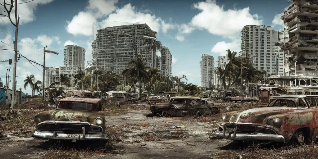Image similar to fallout 5, photo of dilapidated miami, tropical coastal city, desolate, dilapidated, some rusted retro futuristic vintage parked vehicles like cars, buses, trucks, trams, sunny weather, few clouds, volumetric lighting, photorealistic, daytime, spring, sharp focus, ultra detailed, 4 0 0 0 k, technicolour 1