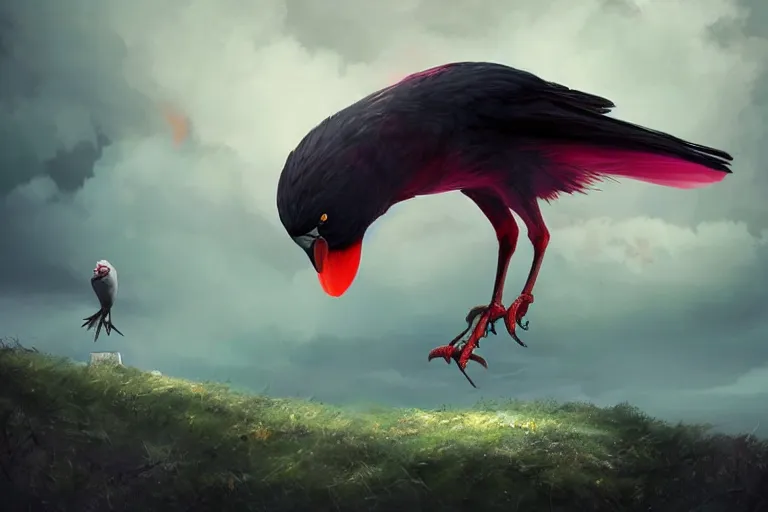 Image similar to red - eyed scary gigantic crow standing on top of a hill, looking down, holding a pink little worm in its beak, cloudy sky in the background, digital painting, epic, pokemon style, earth type pokemon, smooth, trending on artstation, professional painting, full body composition, long shot, made by greg rutkowski