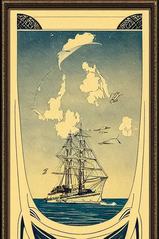 Image similar to Beautiful Art Nouveau print of a ship crossing the vast ocean