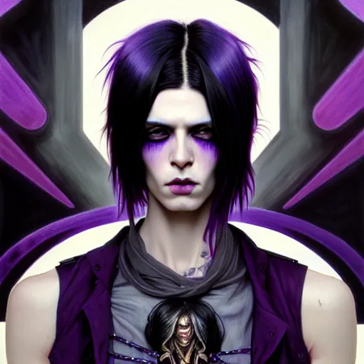 Prompt: portrait painting of an androgynous gorgeous punk with shoulder length black hair with purple tips pale skin and beautiful eyes wearing badass clothes, ultra realistic, concept art, intricate details, eerie, highly detailed, photorealistic, octane render, 8 k, unreal engine. art by artgerm and greg rutkowski and magali villeneuve and alphonse mucha