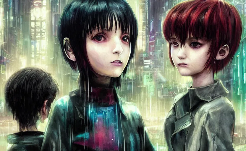 Image similar to an epic fantasy comic book style portrait painting of an extremely cute and adorable very beautiful cyberpunk lain ( serial experiments lain ) and a very imposing industrial goth trent reznor in the rain, neon reflections, character design by mark ryden and pixar and hayao miyazaki, unreal 5, daz, hyperrealistic, octane render, cosplay, rpg portrait, dynamic lighting, intricate detail, cinematic