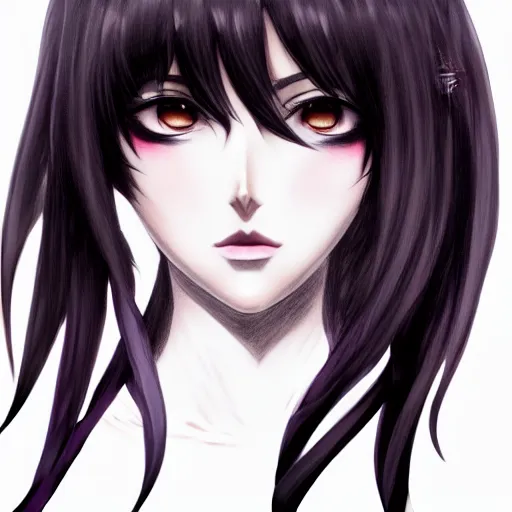 Image similar to front-facing headshot of a young gothic anime woman with black hair and golden highlights, wearing pretty makeup, drawn by WLOP, by Avetetsuya Studios, anime drawing, trending on artstation