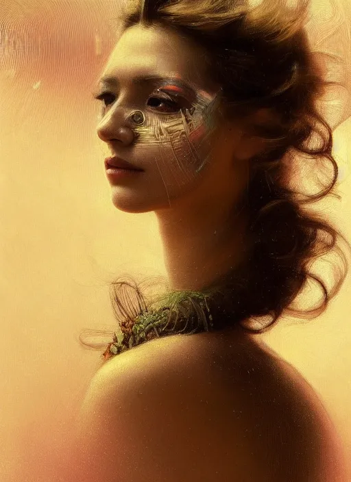 Image similar to a highly detailed photo of very intricate female face portrait, futurism, rococo cyber neon lighting, detailed futuristic fibonacci jewelry, profile posing, hyper photorealistic, trending in pinterest, cinematic, 4 k ultra hd, by denis villeneuve tom anders zorn hans dragan bibin thoma greg rutkowski ismail inceoglu illustrated sand storm alphonse mucha