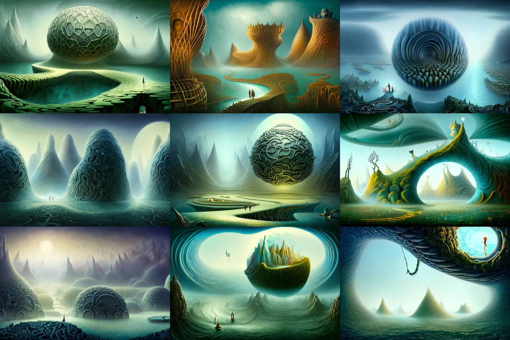 Prompt: a beguiling epic stunning beautiful and insanely detailed matte painting of the impossible winding path through arctic dream worlds with surreal architecture designed by heironymous bosch, megastructures inspired by heironymous bosch's garden of earthly delights, vast surreal landscape and horizon by cyril rolando and asher durand and natalie shau, masterpiece, grand, imaginative, whimsical, intricate