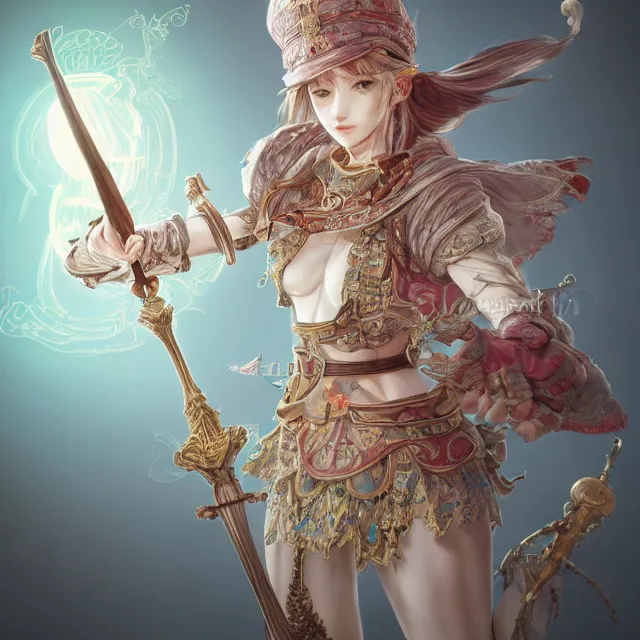 Image similar to studio portrait of neutral good colorful female cleric bard healer as absurdly beautiful, elegant, young skinny gravure idol, ultrafine hyperdetailed face illustration by kim jung gi, irakli nadar, intricate linework, sharp focus, bright colors, octopath traveler, final fantasy, unreal engine highly rendered, global illumination, radiant light, detailed intricate environment