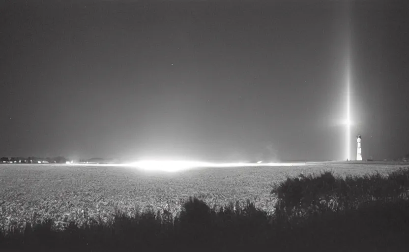 Prompt: red beam of light from lighthouse rotating over the field, night, unsettling, smoke and fire on the horizon, photo 1998