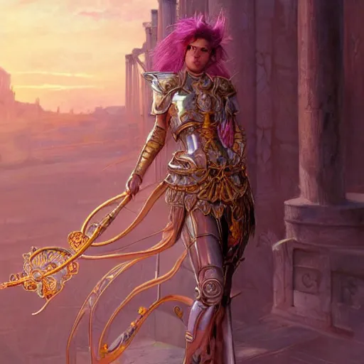 Prompt: portrait knights of Zodiac girl, metalic pink and pastel purple reflected armor, in ruined Agora of Athens sunset, ssci-fi, fantasy, intricate, very very beautiful, elegant, golden light, highly detailed, digital painting, artstation, concept art, smooth, sharp focus, illustration, art by tian zi and WLOP and alphonse mucha