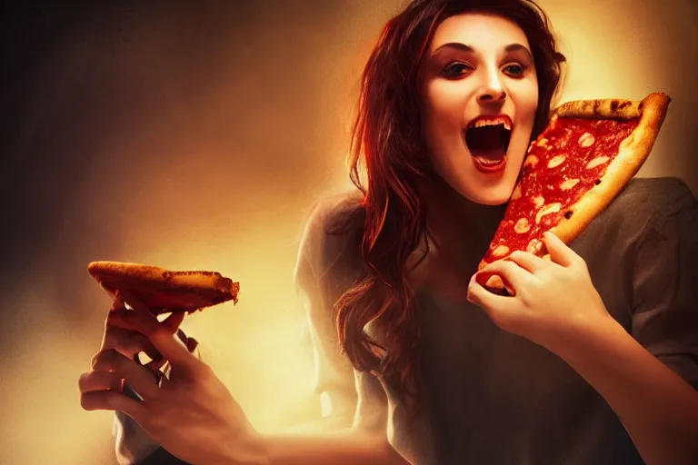 Image similar to A vampire eating a delicious pizza, studio portrait, dramatic lighting, trending on artstation