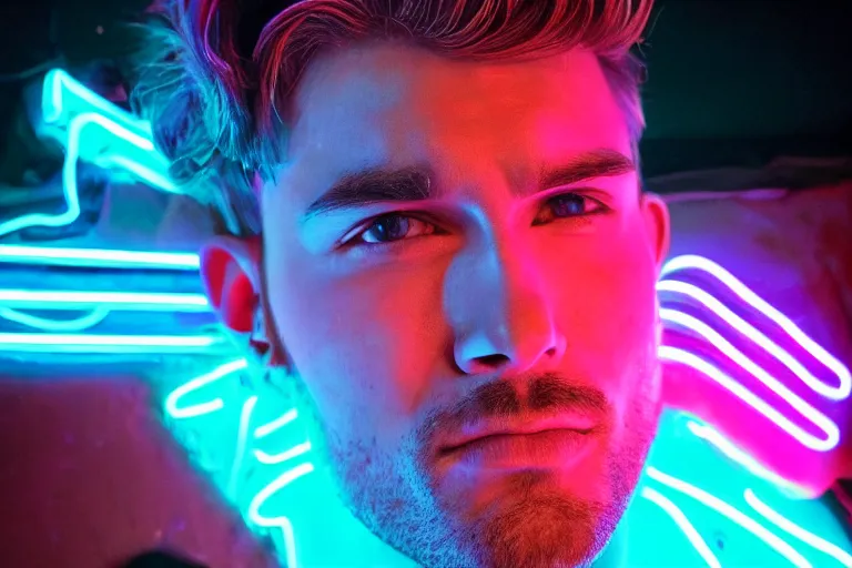 Prompt: handsome man, posing for the camera, neon lighting, closeup!!!!!!, macro!!!!!!, 3 5 mm!!!!!! lens, comprehensive art, neon!!!!!! atmosphere, intricately detailed, indistinguishably unique, 4 k, 8 k, detailed facial features