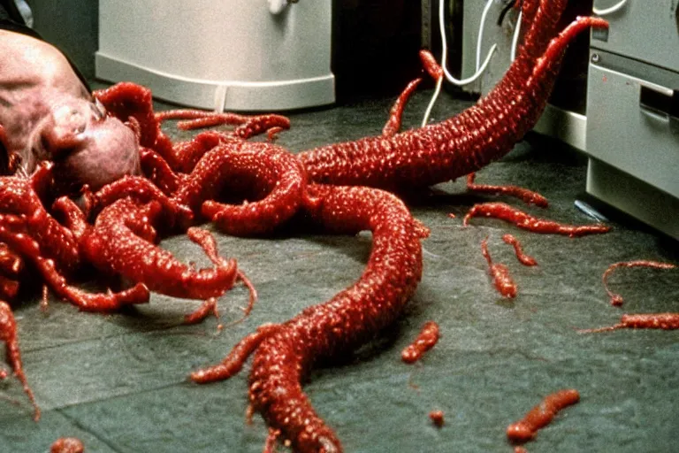 Image similar to filmic extreme wide shot dutch angle movie still 35mm film color photograph of a doctor getting his both his legs pulled and torn off by a bundle of dangerous alien worms coming from off camera, blood slattering, in the style of The Thing 1982 horror film