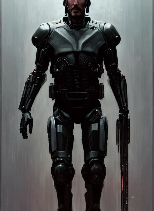 Image similar to keanu reeves as victor stone, full body concept, cyborg, borg, strogg, face of a man, terminator, flesh, quake strogg, doom demon, wolfenstein, monstrous, powerful, symmetry, symmetrical, concept art by ruan jia and greg rutkowski