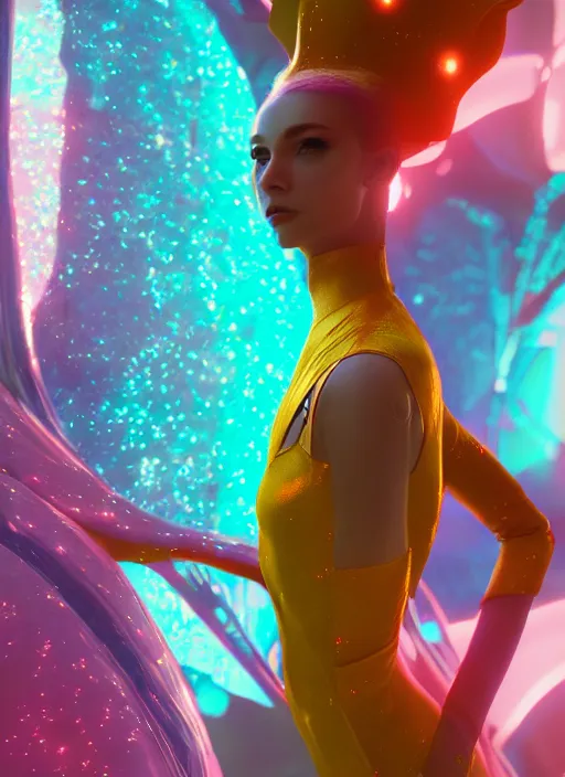Image similar to photography of a futuristic space ballerina, in an colorful alien planet, ultra detail, beautiful light, high detail, 8 k, f / 2. 8, octane render