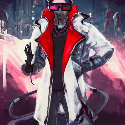 Prompt: Badass full body antropomorphic white cat wearing a red and black overcoat with jeans, round biker goggles in his forehead, black fingerless gloves, branding a modern but enchanted glowing engraved sword against demons in a futuristic dark neon parking slot. The cat seems to be confident and having fun. draw in an artstation, painting, AAA game cover style, detailed, colorful,