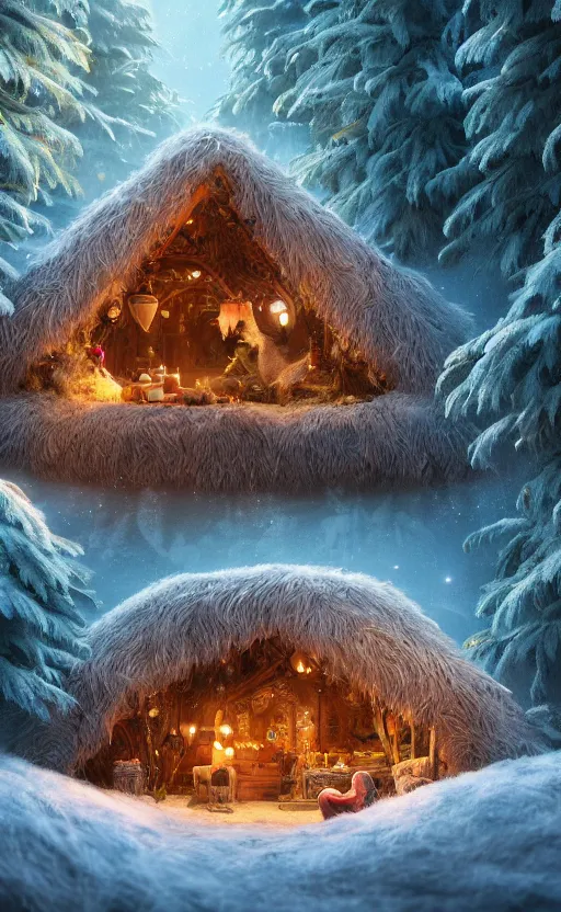 Image similar to a hut made of fur, magical forest, community, robots, electric swirls, furry, soft, concept art, intricate details, highly detailed, photorealistic, disney pixar, octane render, iridescent, anime, 8 k