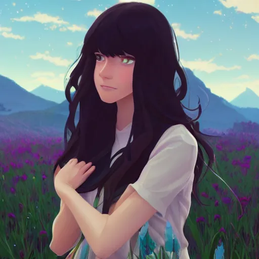 Image similar to portrait of teen girl with long black hair and bangs, detailed facial features, beautiful face, flower fields and mountains in the background, digital painting, artstation, highly detailed, by makoto shinkai and thomas kindle and James gilleard