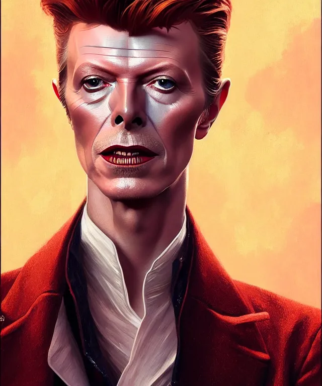 Image similar to portrait of david bowie performing on stage, posed, intricate, headshot, highly detailed, digital painting, artstation, concept art, sharp focus, cinematic lighting, illustration, art by artgerm and greg rutkowski, alphonse mucha, cgsociety