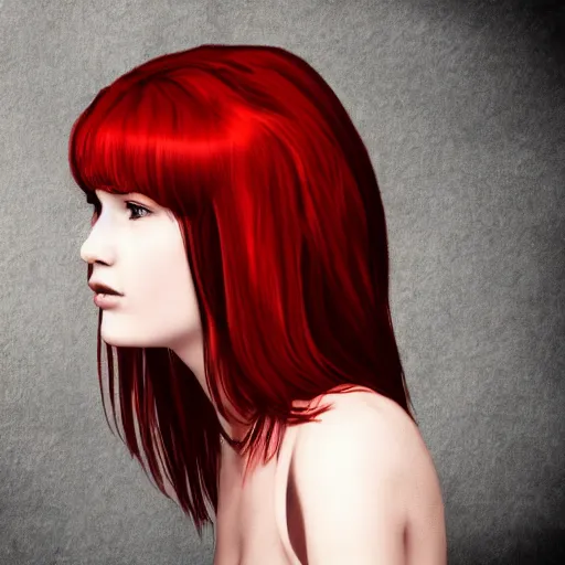 Image similar to red haired girl surrounded by old people, digital art