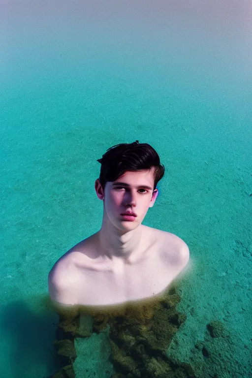 Prompt: high quality pastel coloured film mid angle docu photograph of a beautiful young 2 0 year old male, soft features, short black hair, swimming in an icelandic black rock pool environment. atmospheric. three point light. photographic. art directed. ( pastel colours ). volumetric light. clearcoat. waves glitch. 8 k. filmic.