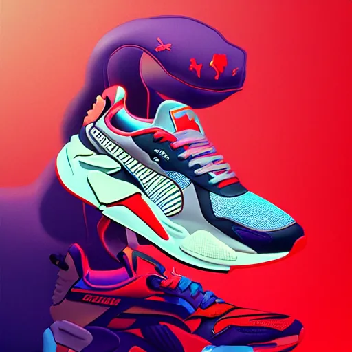 Image similar to puma rs - x sneakers, james jean style, vfx art, unreal engine render, claymation style, colourful, volumetric light, digital painting, digital illustration, dramatic light,