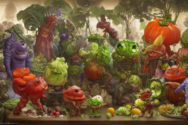 Image similar to vegetable creatures parade on a cutting board in the kitchen, digital art, realistic, pixar style, highly detailed, cinematic, matte painting, vivid colors, realistic, epic lighting, by greg rutkowski and artgerm and alphonse mucha