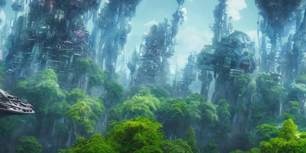 Image similar to future city covered by forest creature, flying, culture, smooth, spaceship, piltover, zaun, howl's moving castle, by studio ghibli, makoto shinkai, fractal landscape, 4 k, unreal engine