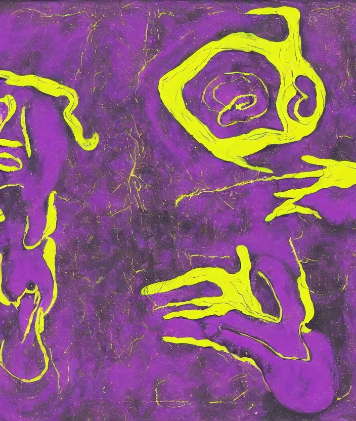 Prompt: a psychedelic painting of two hands facing each other and transferring bolts of purple energy, art by francis bacon and georges braque