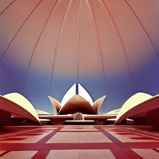 Image similar to interior of a futuristic lotus temple with gold, red and white marble panels, in the desert, by buckminster fuller and syd mead, intricate contemporary architecture, photo journalism, photography, cinematic, national geographic photoshoot