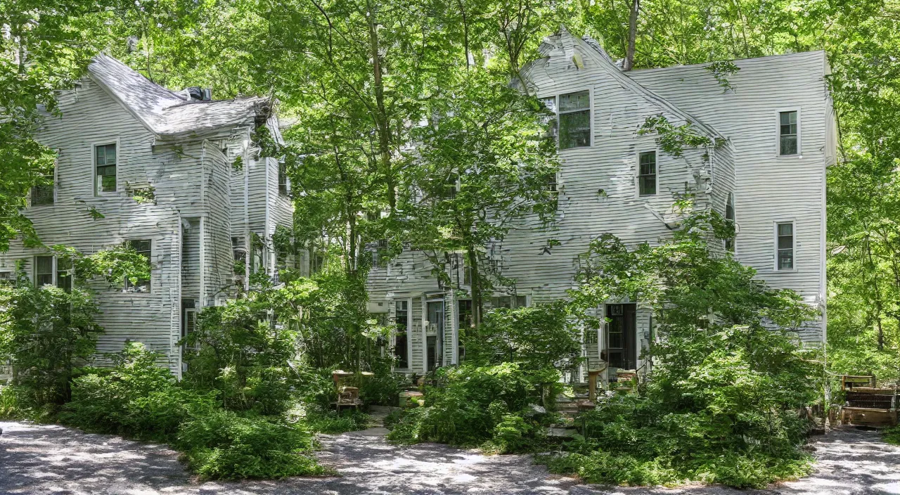 Image similar to A quaint townhouse in the wild and lush cape cod woods in the middle of the summer on a memorable day.