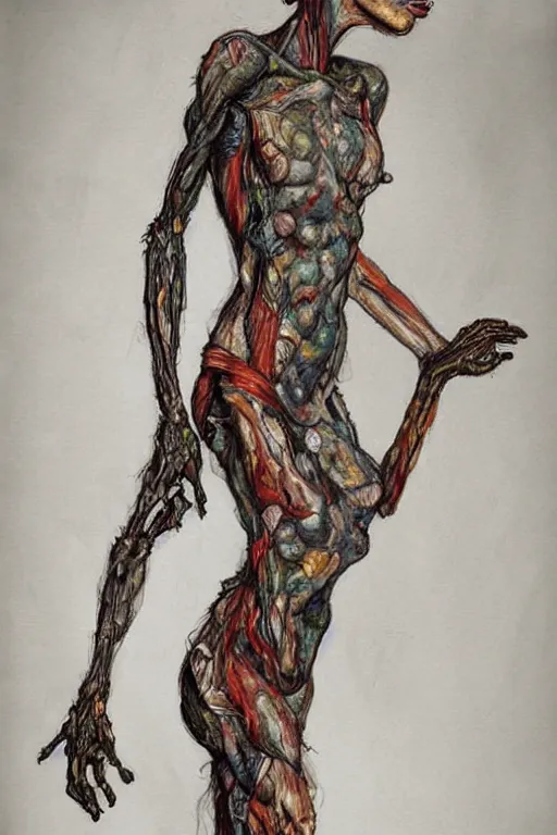 Image similar to a full body character with lifted arms in style of herakut and egon schiele, masterpiece, centered, hyperdetailed, complex, intricate, veiled, 4 k, dynamic!! trending on artstation,