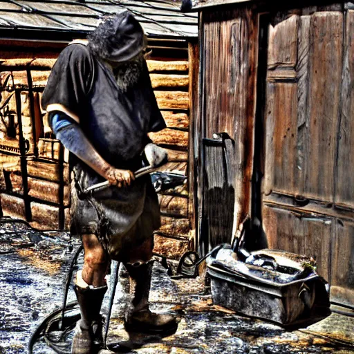Image similar to a old grumpy blacksmith hammering away on burned metal, realistic, hdr, clear image, hdd, medival,
