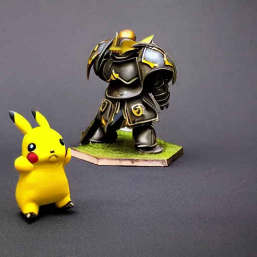 Image similar to photograph of tabletop mini of pikachu in warhammer 4 0 k armor, 8 k