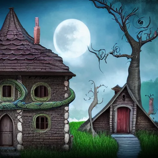 Image similar to a witches house with huge snakes on the roof