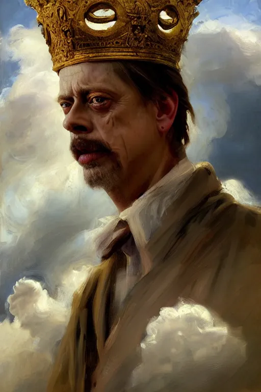 Image similar to beautiful detailed expressive impressionistic oil painting portrait of ancient roman god emperor steve buscemi ascending into the clouds wearing the civic crown, renaissance painting, art by anders zorn, wonderful masterpiece by greg rutkowski, expressive brush strokes, beautiful cinematic light, american romanticism by greg manchess, jessica rossier