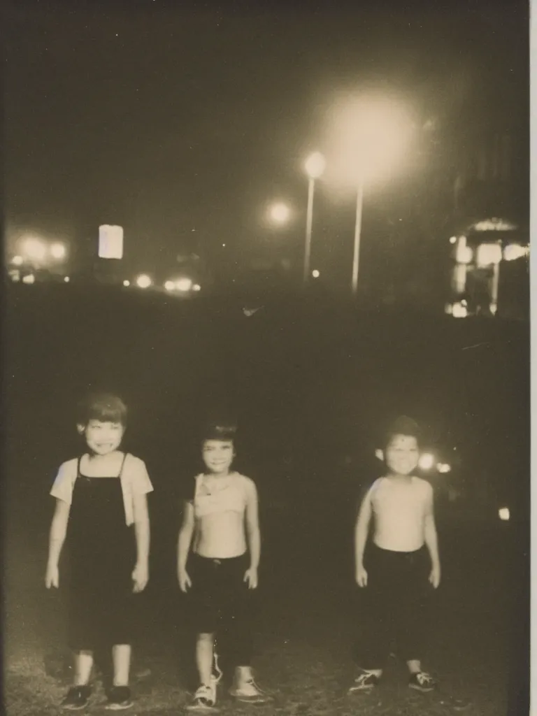 Prompt: two kids posing for a picture at night, small town, town square, dimly lit, faded polaroid