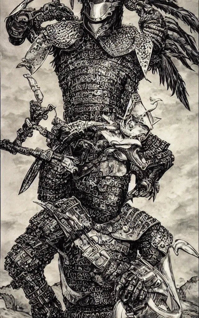 Image similar to portrait of a dnd character, a human fighter wearing armour made out of griffin feathers, by larry elmore