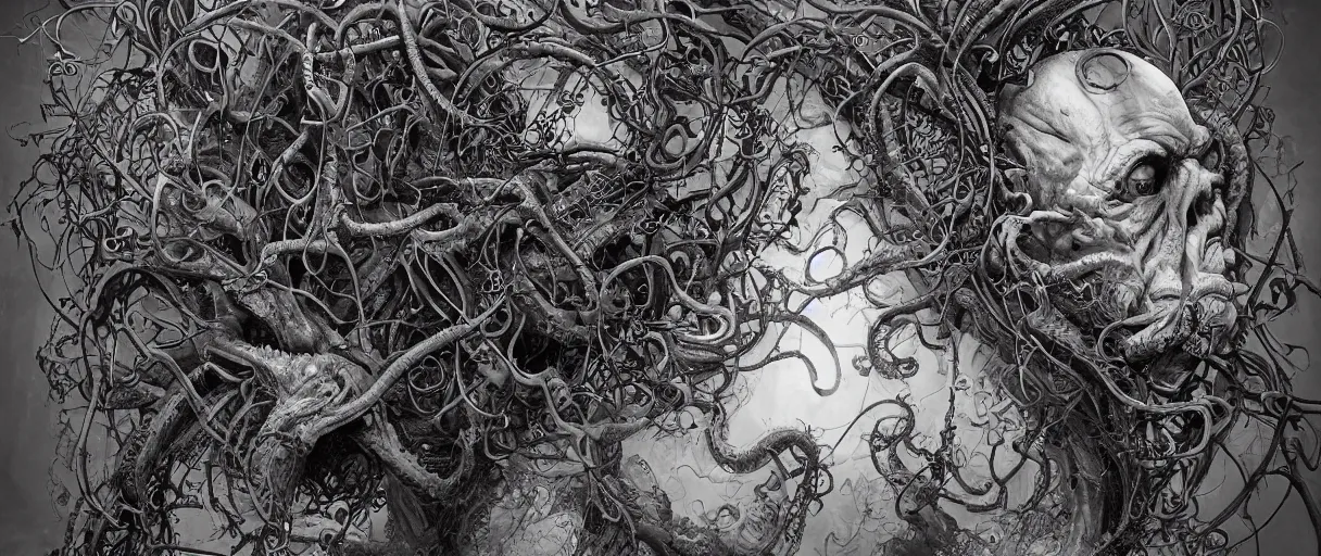 Image similar to centered horrifying detailed side view profile portrait of a insane, crazed, mad old bald zombie, eldritch abomination, dunwitch horror, ornate tentacles growing around, ornamentation, thorns, vines, tentacles, elegant, beautifully soft lit, full frame, 8 k by wayne barlowe, peter mohrbacher, kelly mckernan, h r giger