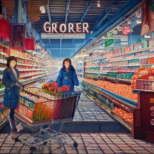Image similar to the portrait a beautiful grocery young asia woman in down jacket, the background is a grocery store, winter, illustration by kim jung gi, irakli nadar, intricate linework, bright colors, octopath traveler, wenjun lin, unreal engine 5 highly rendered, global illumination, radiant light, detailed and intricate environment