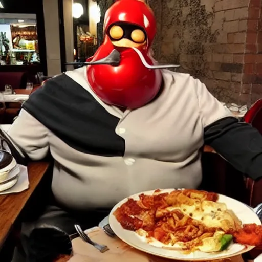 Image similar to dr robotnik eating at an italian restaurant