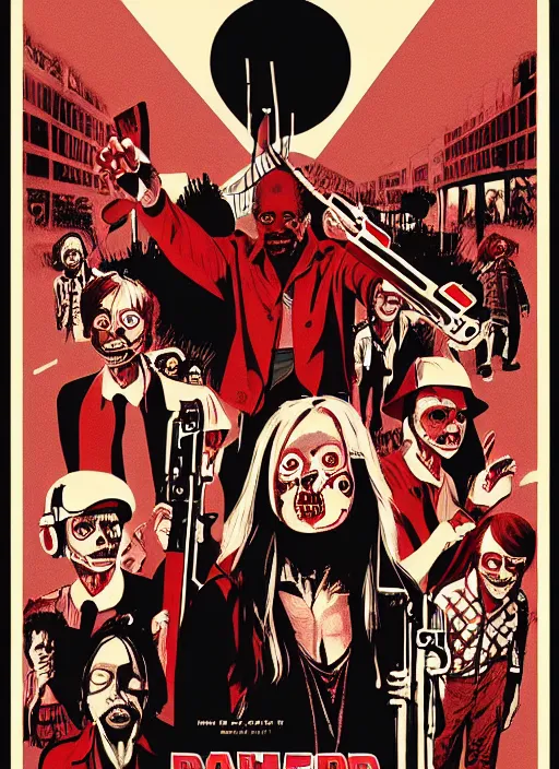 Prompt: Dawn of the Dead (1978) poster, Highly detailed, centered, concept art, smooth, sharp focus, illustration, Wes Wilson, Bonnie MacLean, Stanley Mouse, Alton Kelley, Greg Irons, Lee Conklin