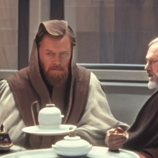 Image similar to Obi Wan! sits at a table with Palpatine! and Drinks tea. Screenshot from Movie, Movie Still, 8k, High Resolution, Highly Detailed