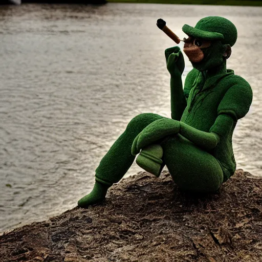 Prompt: cinematic shot of a cute green clay man smoking a cigarette and sitting by a riverbank, 8k, highly intricate, highly detailed,