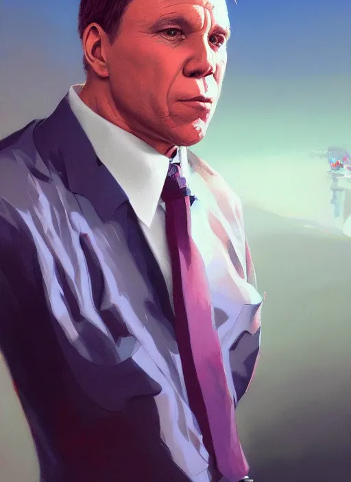 Image similar to a ultradetailed beautiful panting of francois legault wearing a stylish shirt with a tie, background explosion, by jesper ejsing, ilya kuvshinov, greg rutkowski on artstation