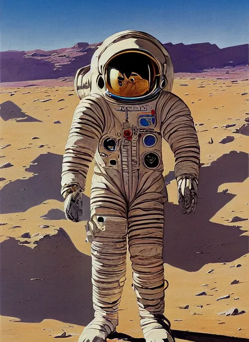 Image similar to an astronaut in the desert by robert mccall