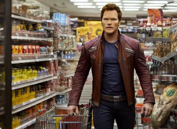 Prompt: film still of star - lord played by chris pratt shopping in a supermarket in the new guardians of the galaxy movie, 4 k, 8 k, photorealistic, highly detailed face and eyes