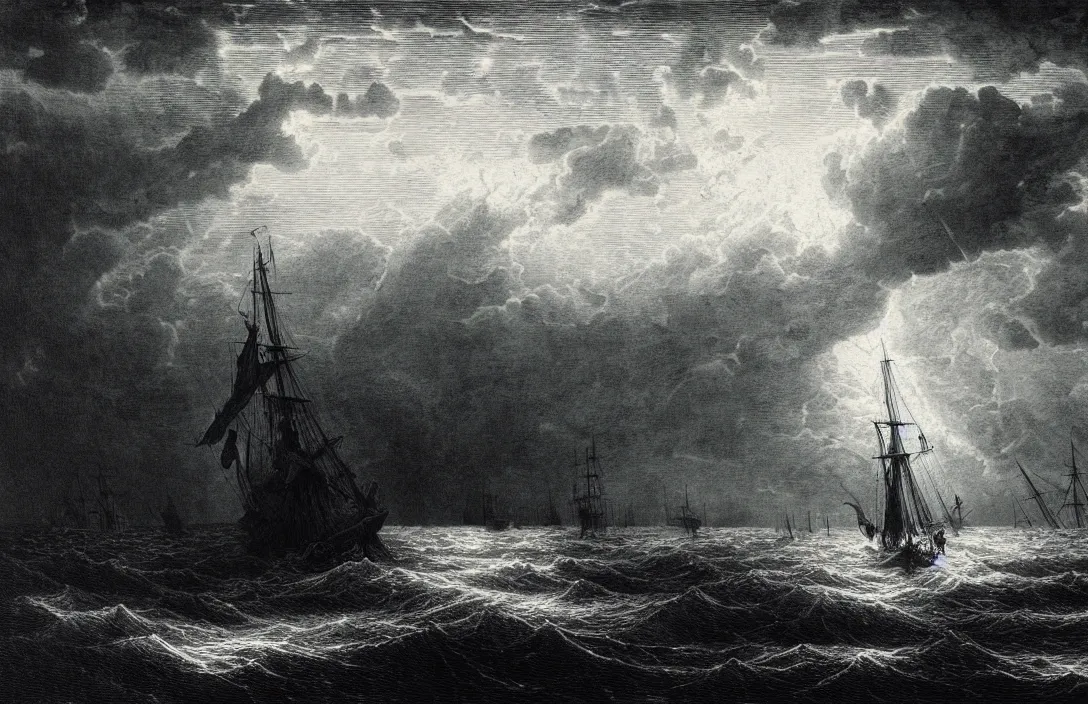 Prompt: ship ever further out to sea gustave dore hd illustration horizontal lines suggest a feeling of rest or repose because objects parallel to the earth are at rest intact flawless ambrotype from 4 k criterion collection remastered cinematography gory horror film, ominous lighting, evil theme wow photo realistic postprocessing jan van der heyden virtuoso painting jan van der heyden