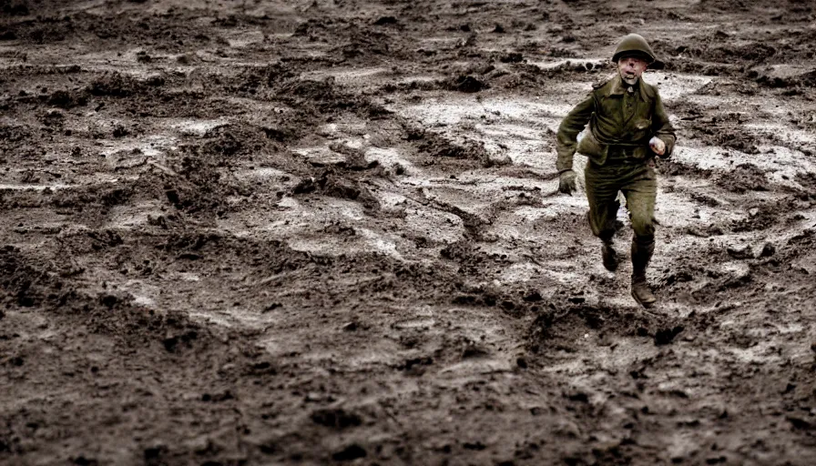 Image similar to screaming World War 1 soldier running away, wartorn landscape, lots of mud puddles and craters, bullets whizzing past camera, atmospheric, dirty lens, cinematic lighting, IMAX close-up of face, cinematography, 35mm