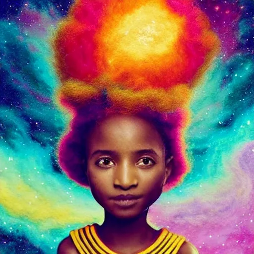 Image similar to a cute little african egyptian princess with a colorful afro sitting on a nebula cloud throne, bright colors, synthwave, watercolor, volumetric wool felting, felt, macro photography, children illustration, global illumination, radiant light, detailed and intricate environment, by goro fujita, bokeh!!!!