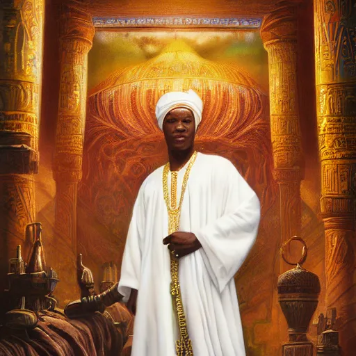 Prompt: an oil on canvas painting of an african moor wearing white robes and turban in the valley of the kings, ornate and decadent steampunk technology, by jeff easley and zdzislaw beksinski and thomas kinkade and afarin sajedi, afrofuturism, cinematic volumetric, retrowave!, surreal psychedelic portrait style, dynamic portrait, 8 k, hd,